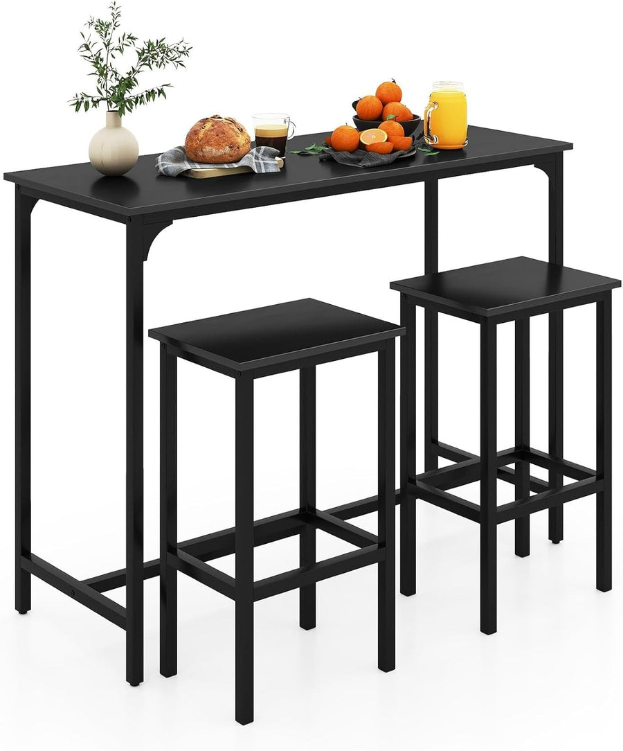 3 Piece Bar Table Set with 2 Stools Space Saving Counter Height Dining Black