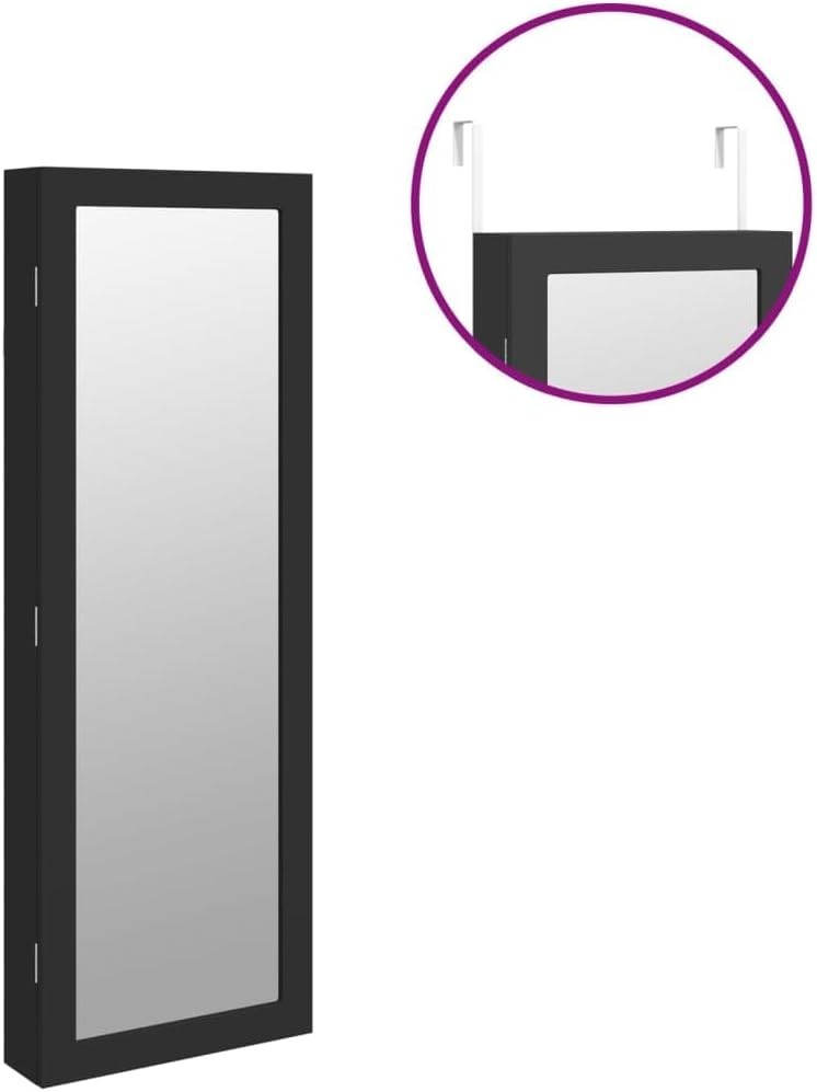 LED Wall Mounted Jewelry Cabinet Mirror Lockable Vertical Storage Black