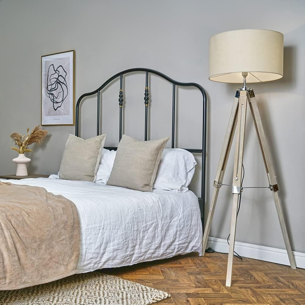 Modern Tripod Floor Lamp with Beige Drum Shade, Wood & Chrome Finish, 154cm