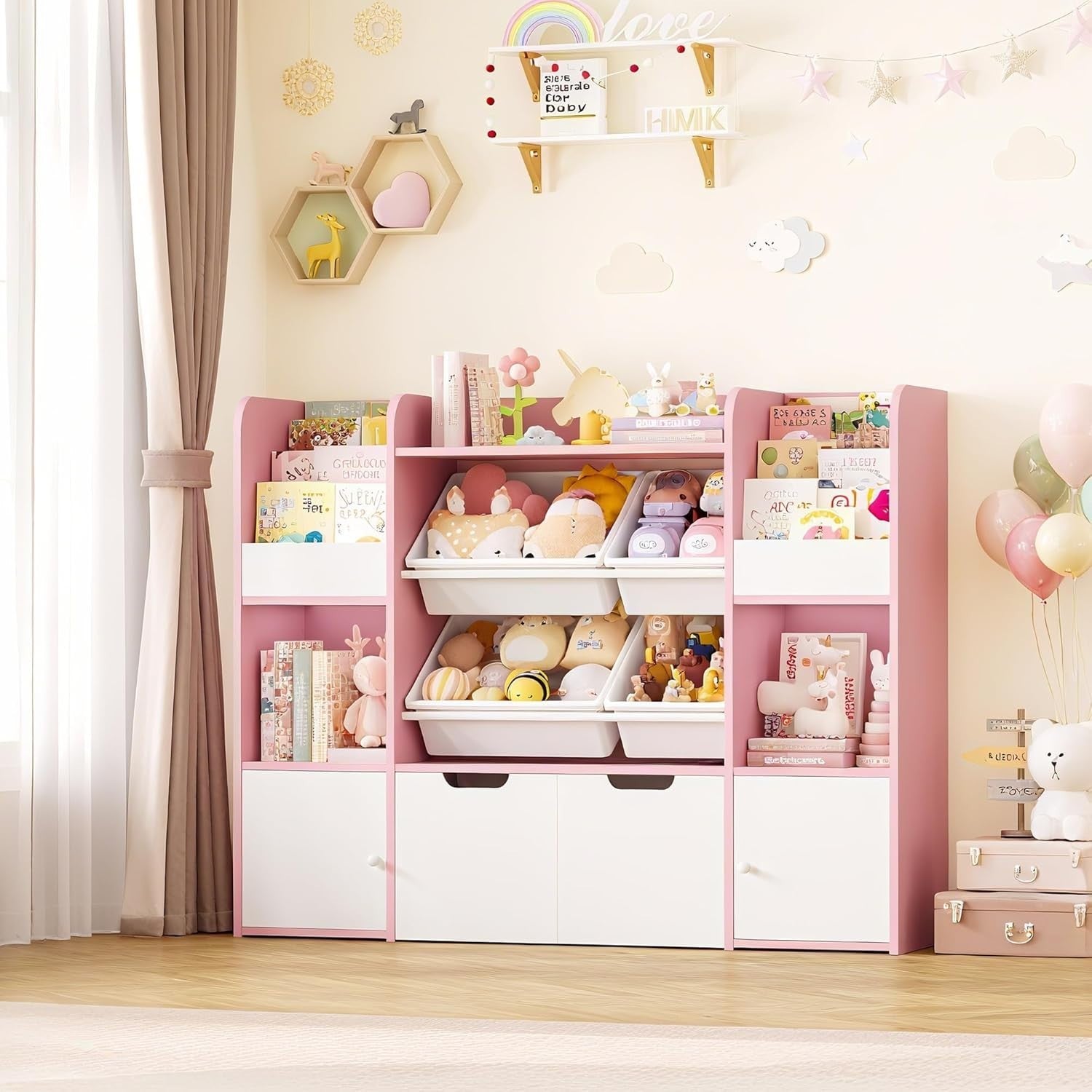 Kids Toy Storage Bookcase with Drawers & Bins – 126cm Pink Organiser