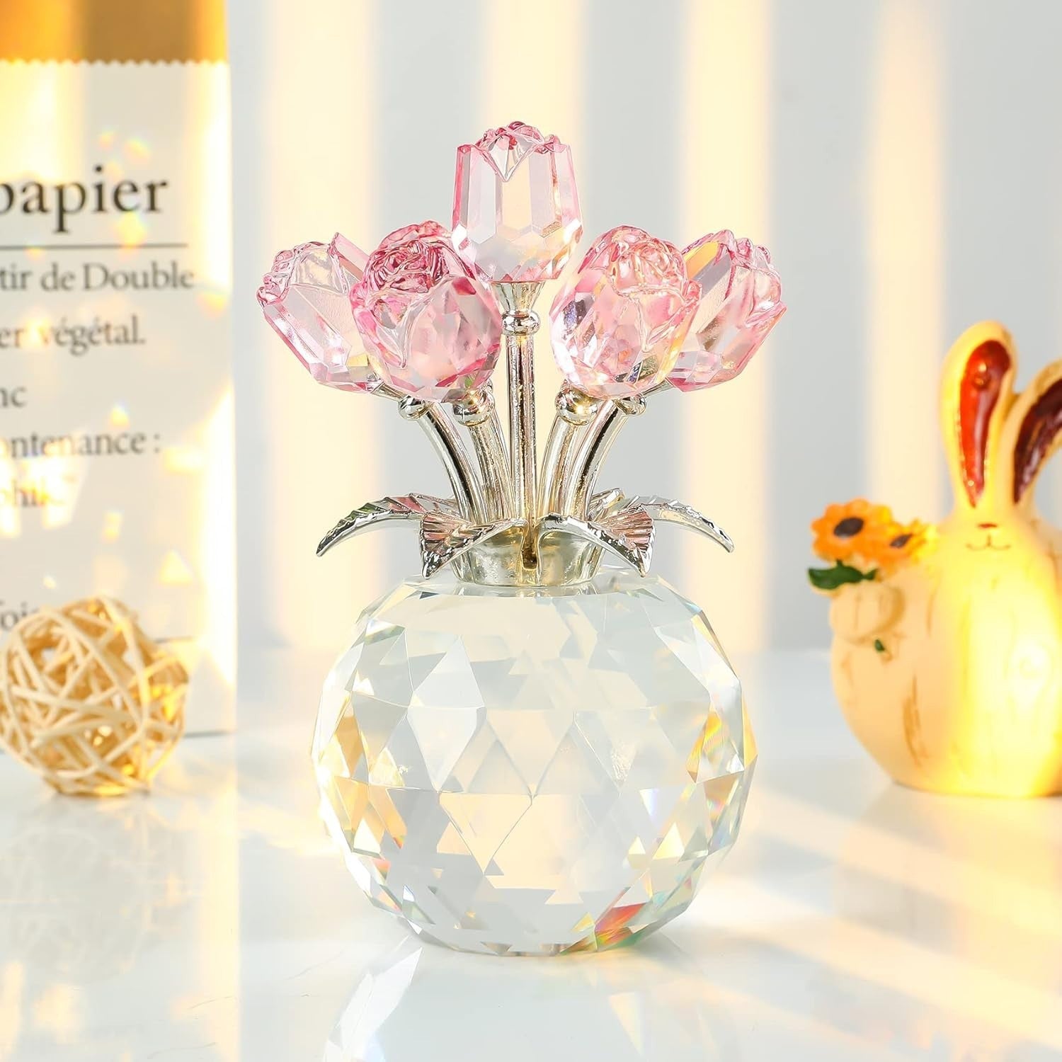 Pink Crystal Rose Bouquet Ornament in Round Vase Gift for Women Wife Birthday