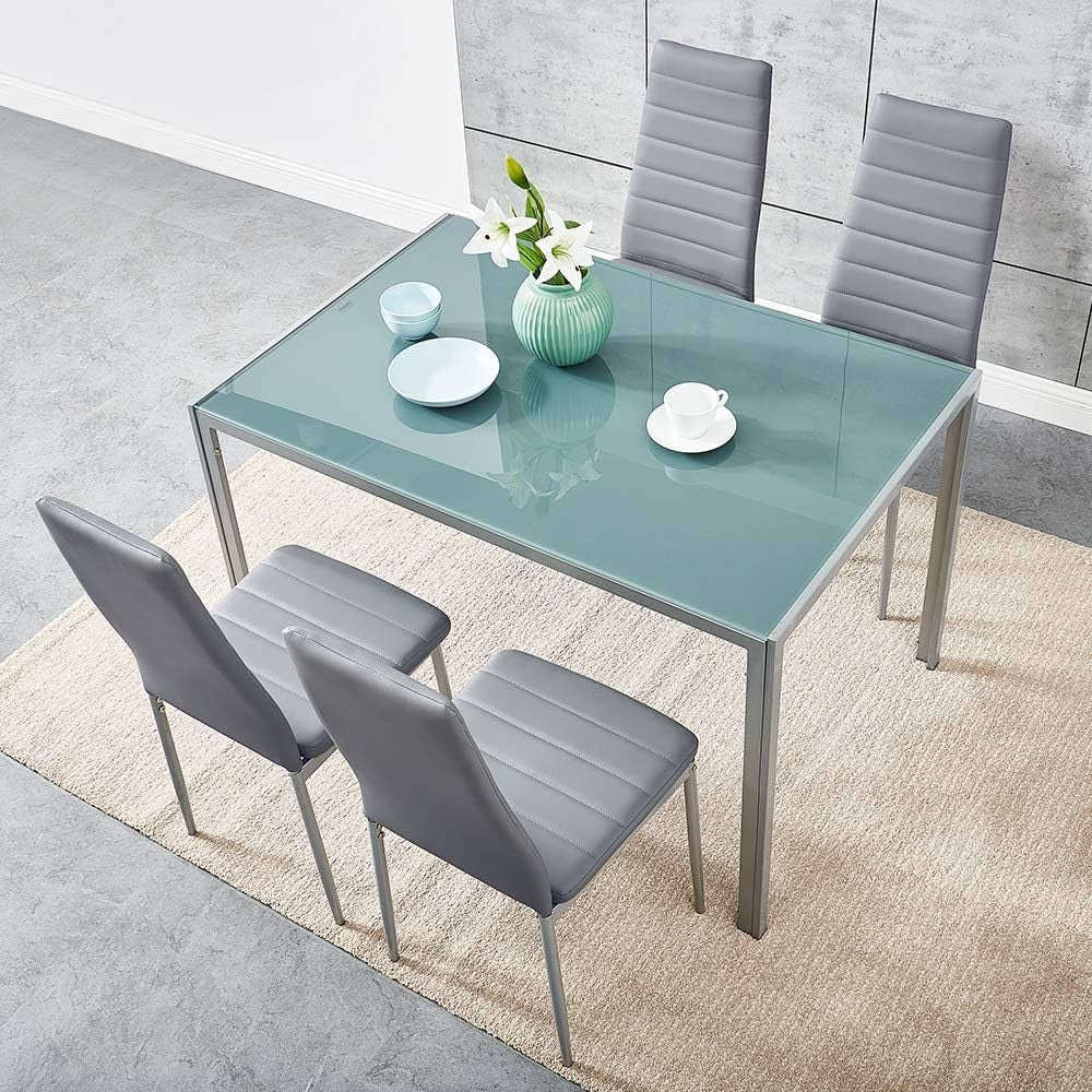 Tempered Glass Dining Table & 4 PU Leather Chairs - Modern, Durable Set