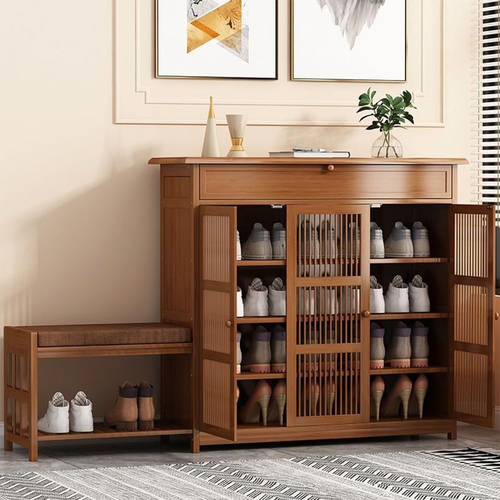 Shoe Storage Bench with Cushion & Drawer 4-Tier Adjustable Shelves 99x33x99cm