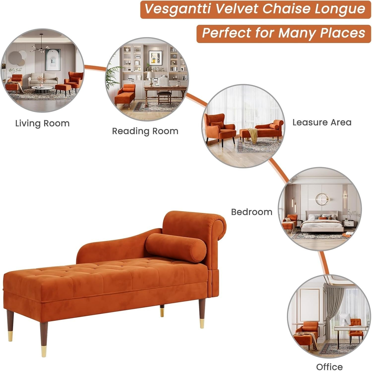 Right Armrest Velvet Chaise Lounge Orange with Lumbar Pillow & Tool-Free