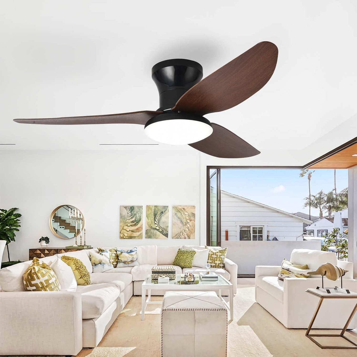 Lrenjon 100CM Ceiling Fan Light, 6-Speed Silent LED Flush Mount – Walnut