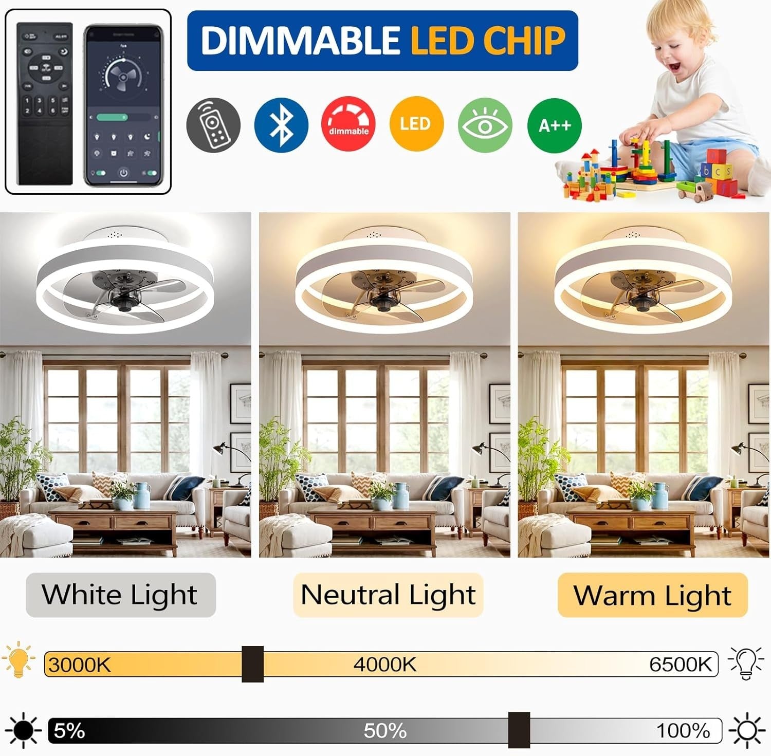 40CM LED Ceiling Fan Light, 6 Speeds, Remote & App Control, Dimmable, Brown