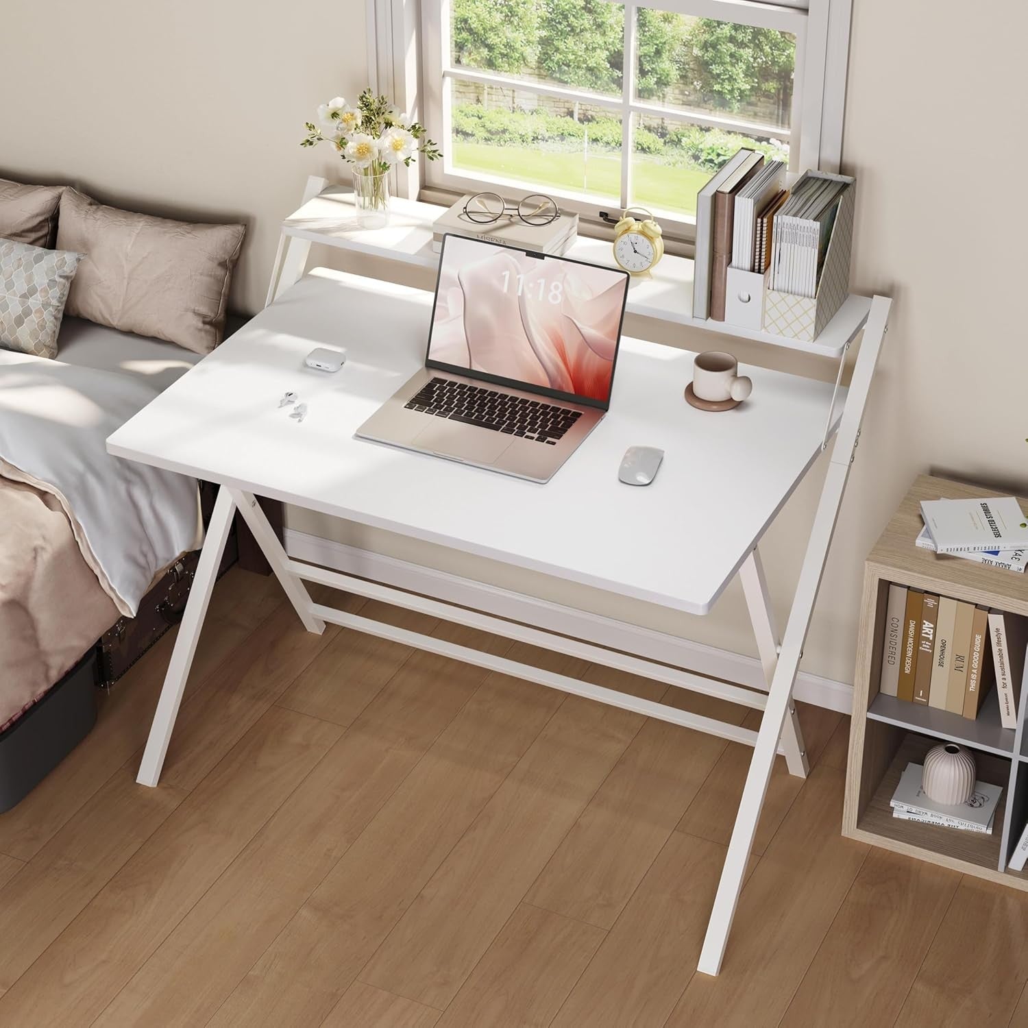 Foldable Computer Desk Large 100cm with Monitor Stand Small Space White