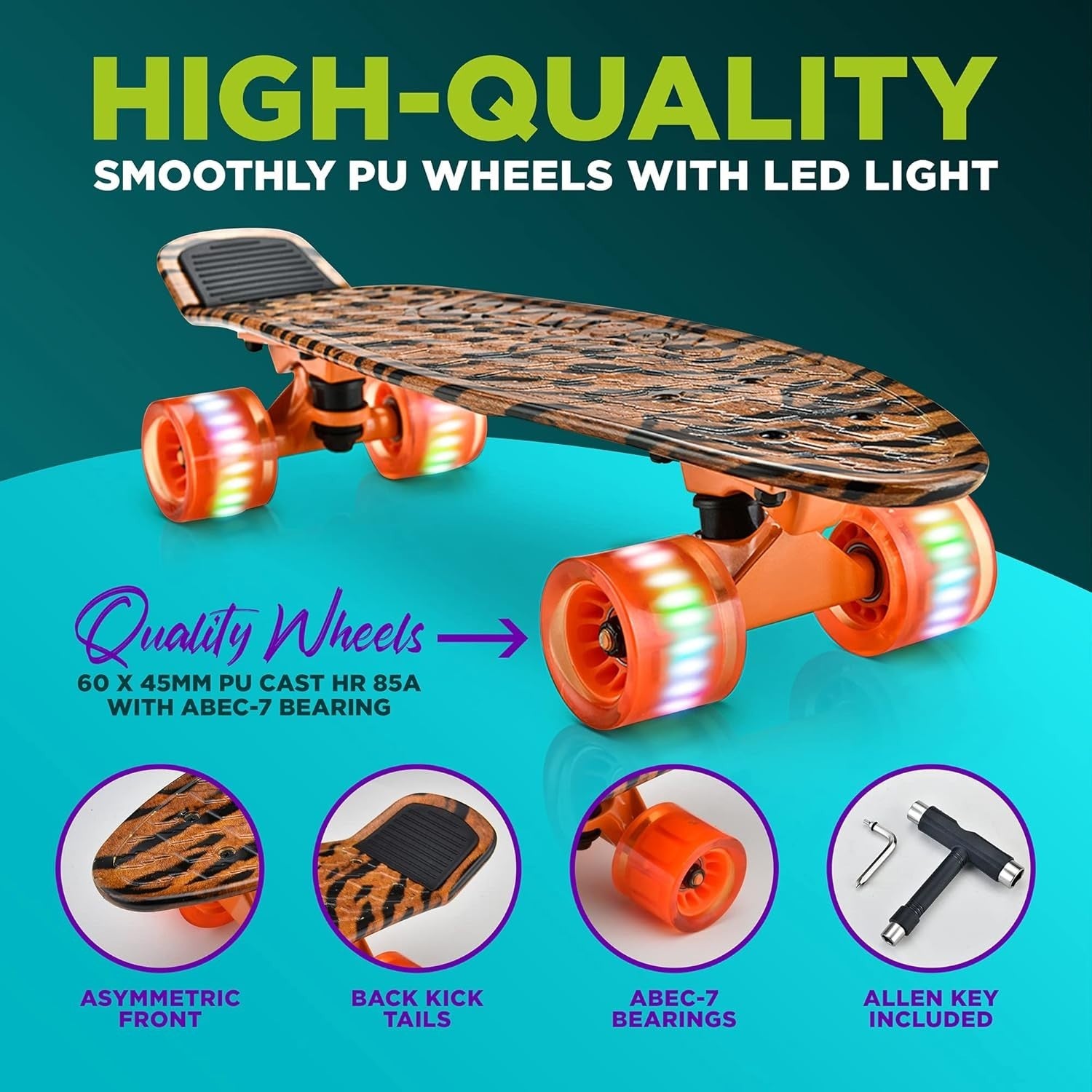Mini Cruiser Skateboard LED Wheels Kids Teens Adult Tiger Print Complete