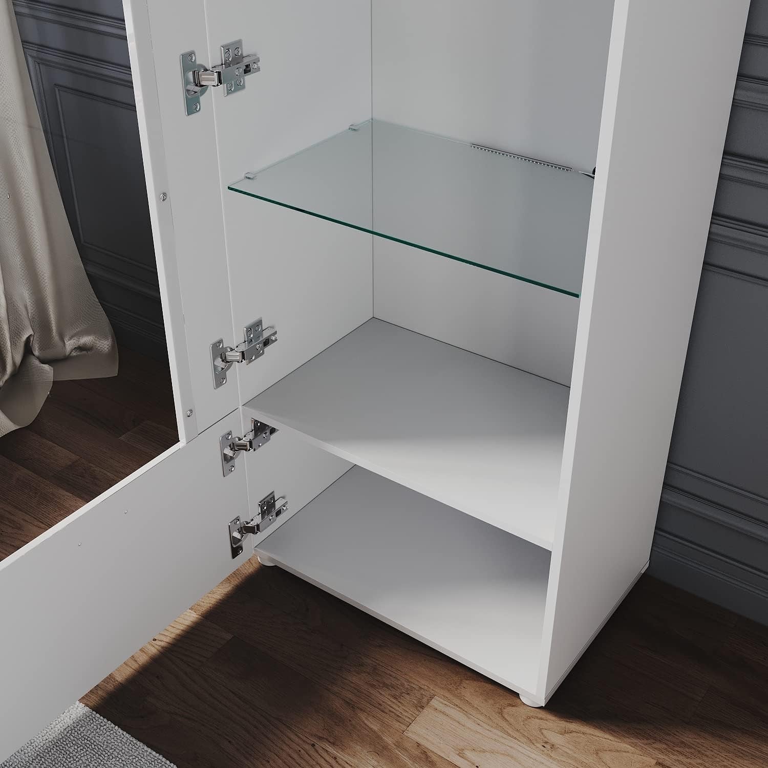 Tall LED Display Cabinet with Glass Shelves, High Gloss Storage Unit White