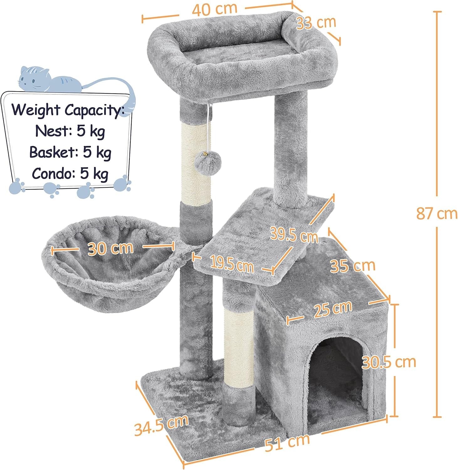 Cat Tree Tower 85cm Indoor Condo Hammock Sisal Scratching Post Play Centre