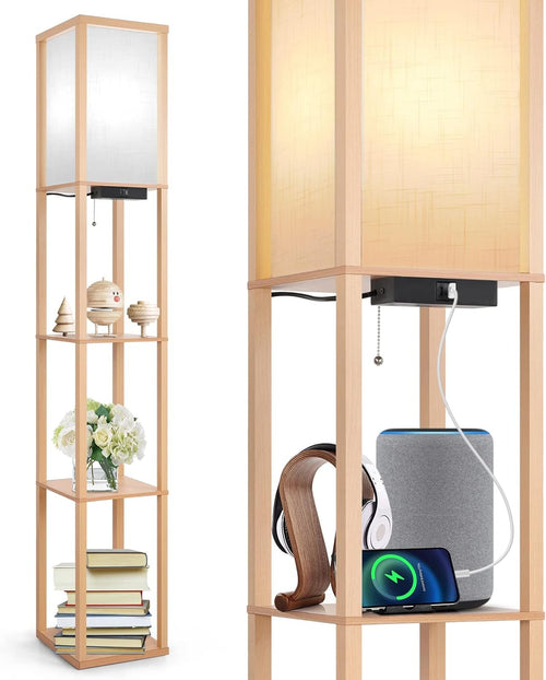 Floor Lamp with Shelves USB C Charging LED Wooden Standing Storage Light