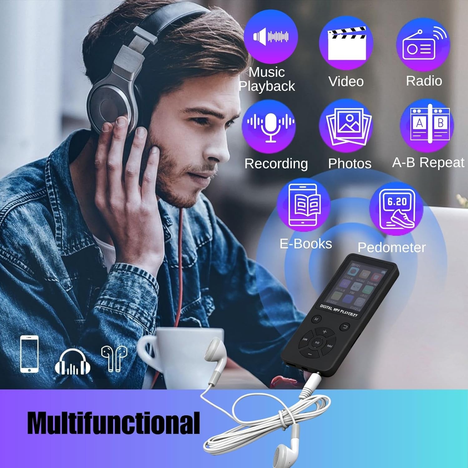 64GB Bluetooth 5.0 MP3 Player Black 1.8" LCD FM