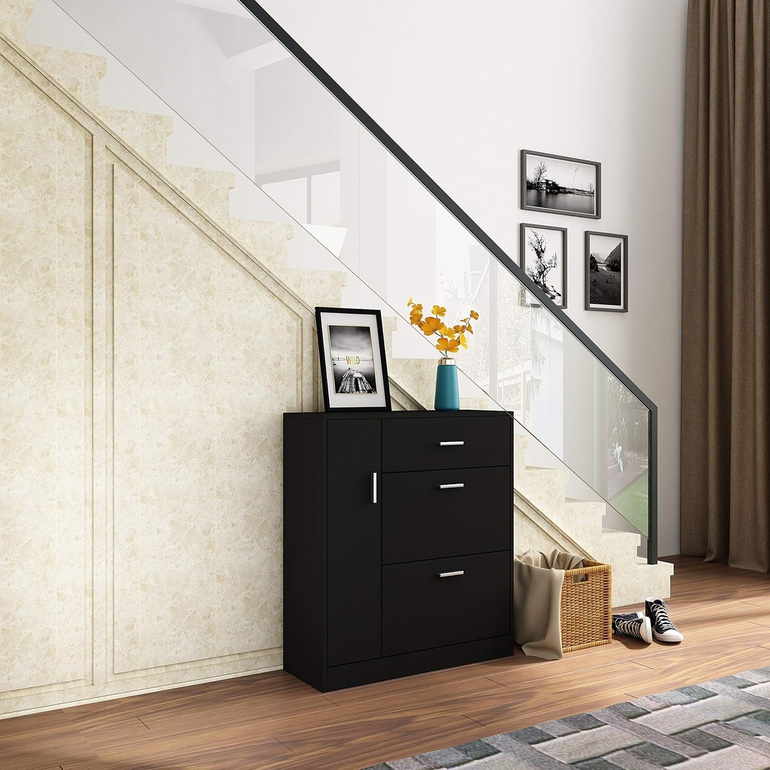 Modern Black Shoe Cabinet with Drawer & 18-Pair Pull-Down Storage Rack