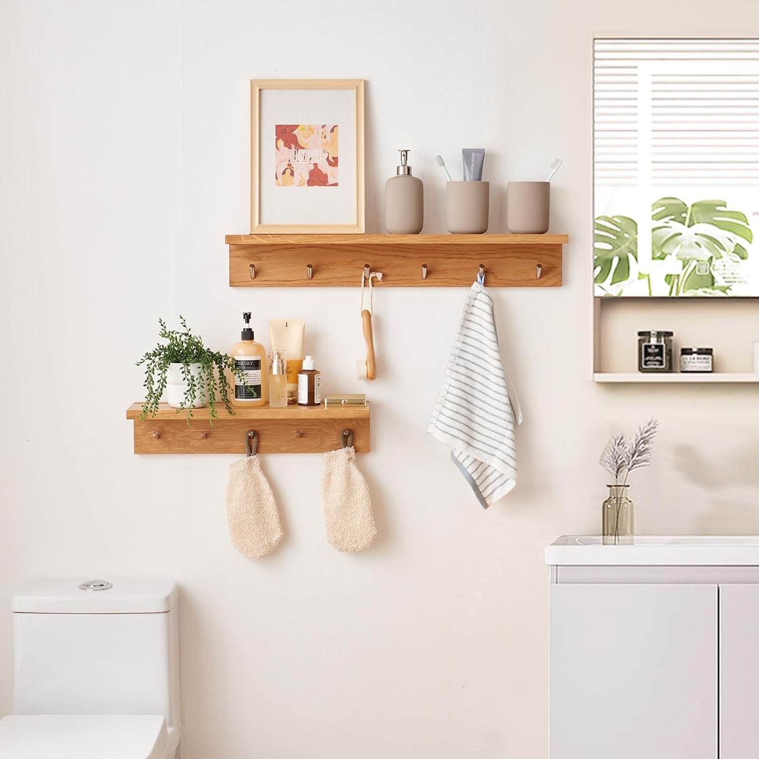 20in Oak Wood Wall Shelf with Hooks Entryway Coat Rack Floating Hat Towel Rail