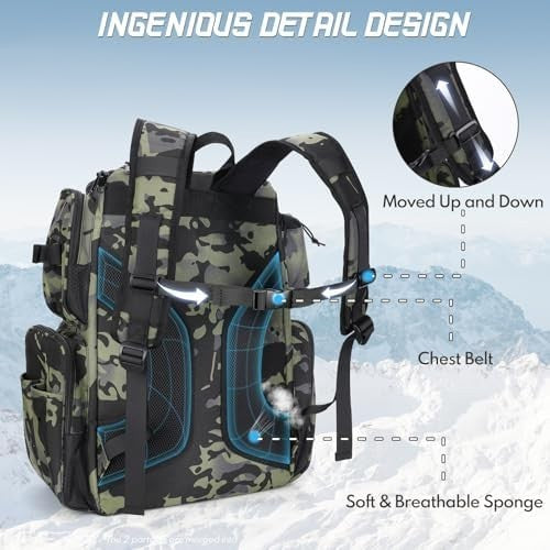 38L Fishing Tackle Backpack Waterproof with Rod Holder for Hiking & Travel