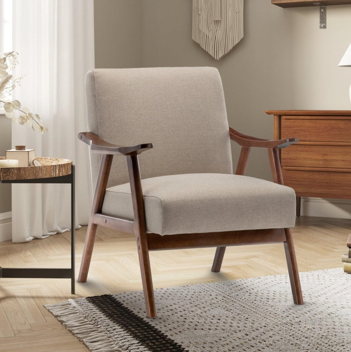 Beige Linen Accent Armchair Mid Century Wooden Lounge Chair