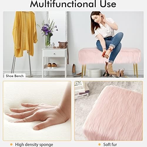 Faux Fur Ottoman Bench with Gold Legs, Plush Vanity Seat Stool Pink