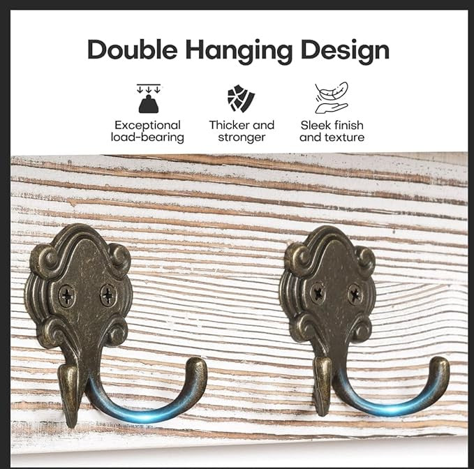 Vintage White Wall Mounted Coat Rack 58cm | Wooden Shelf with 6 Metal Hooks