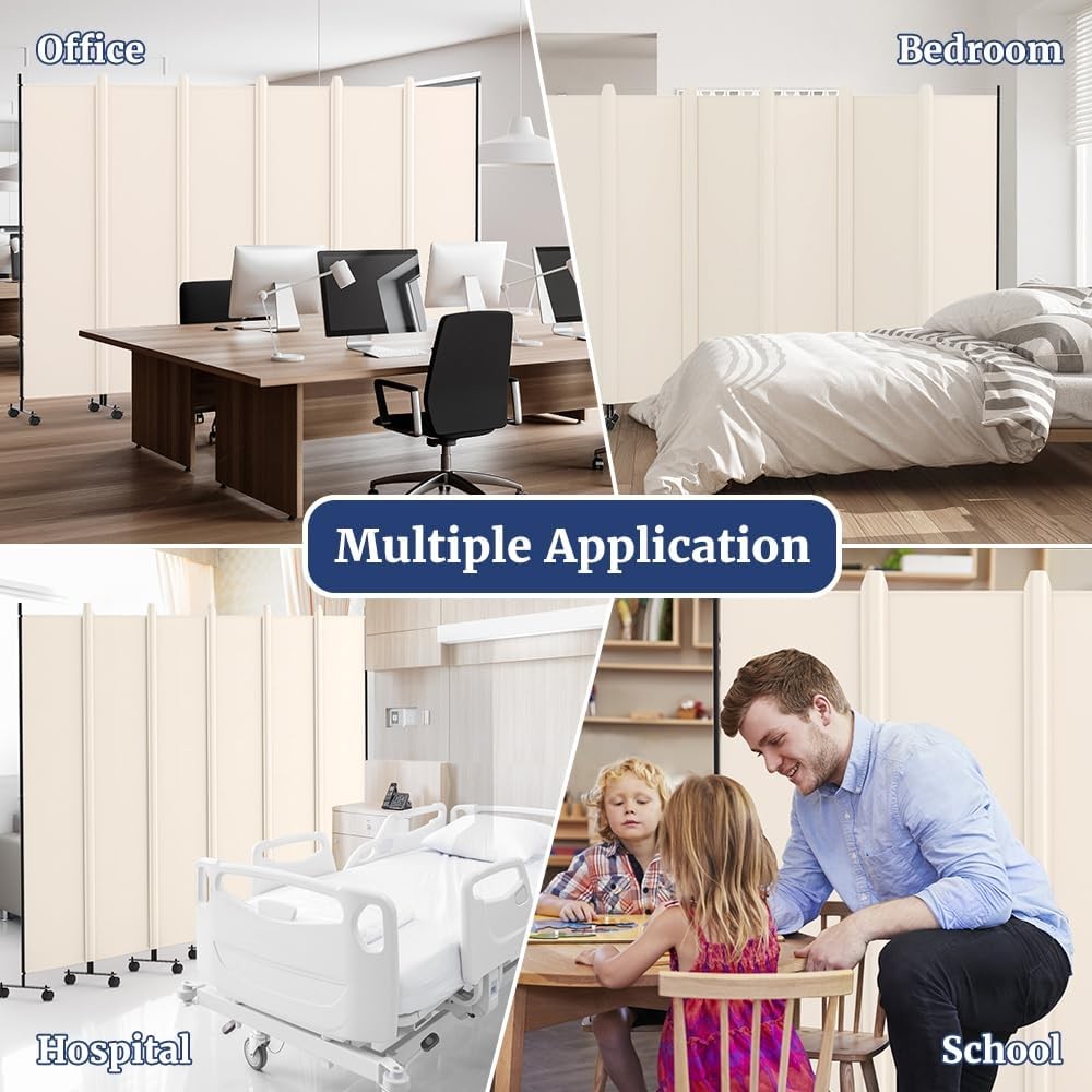 6 Panel Beige Folding Room Divider with Lockable Wheels 119x70 Inch