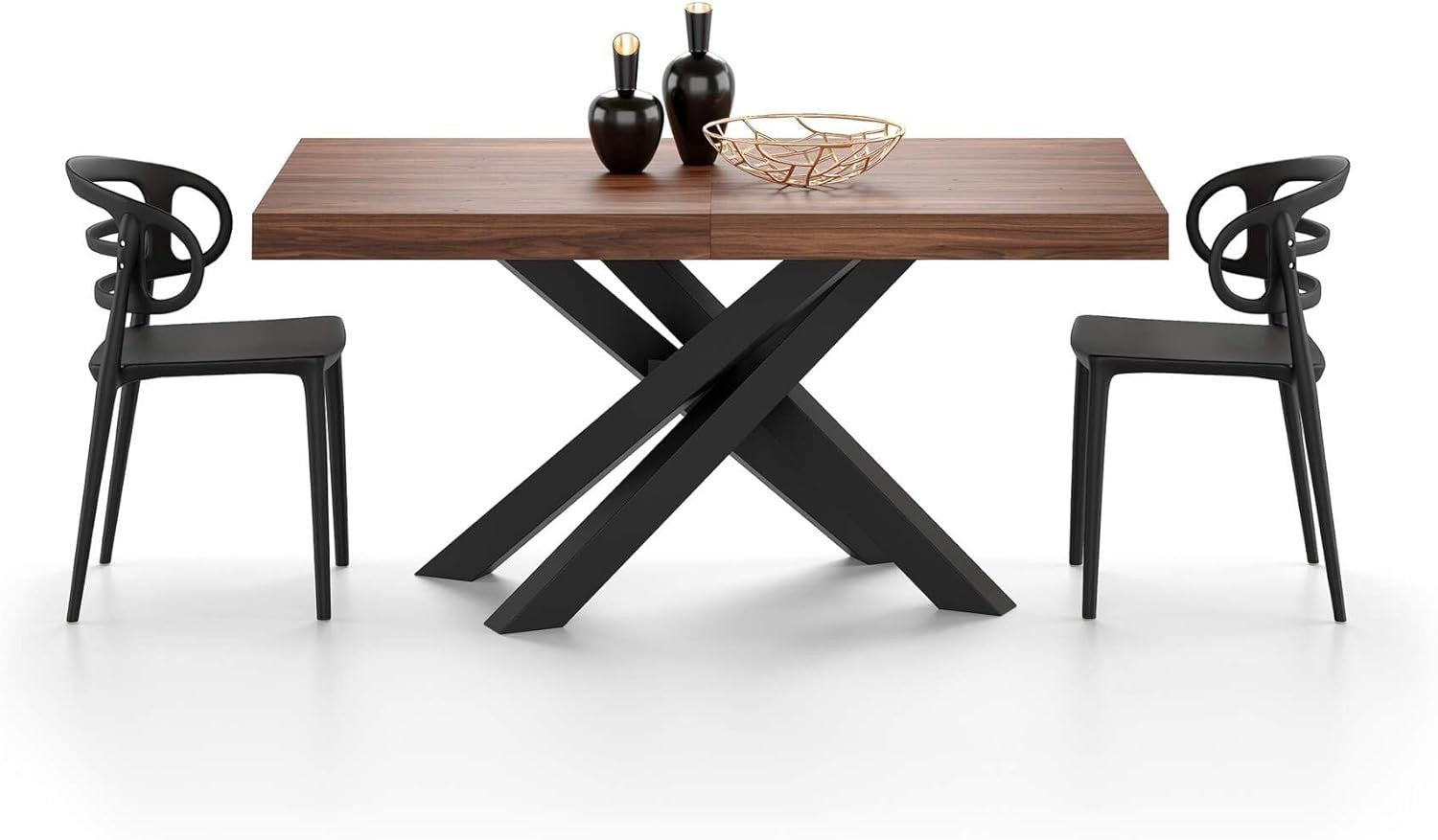 Extendable Walnut Dining Table 160–240cm w/ Black Cross Legs Modern