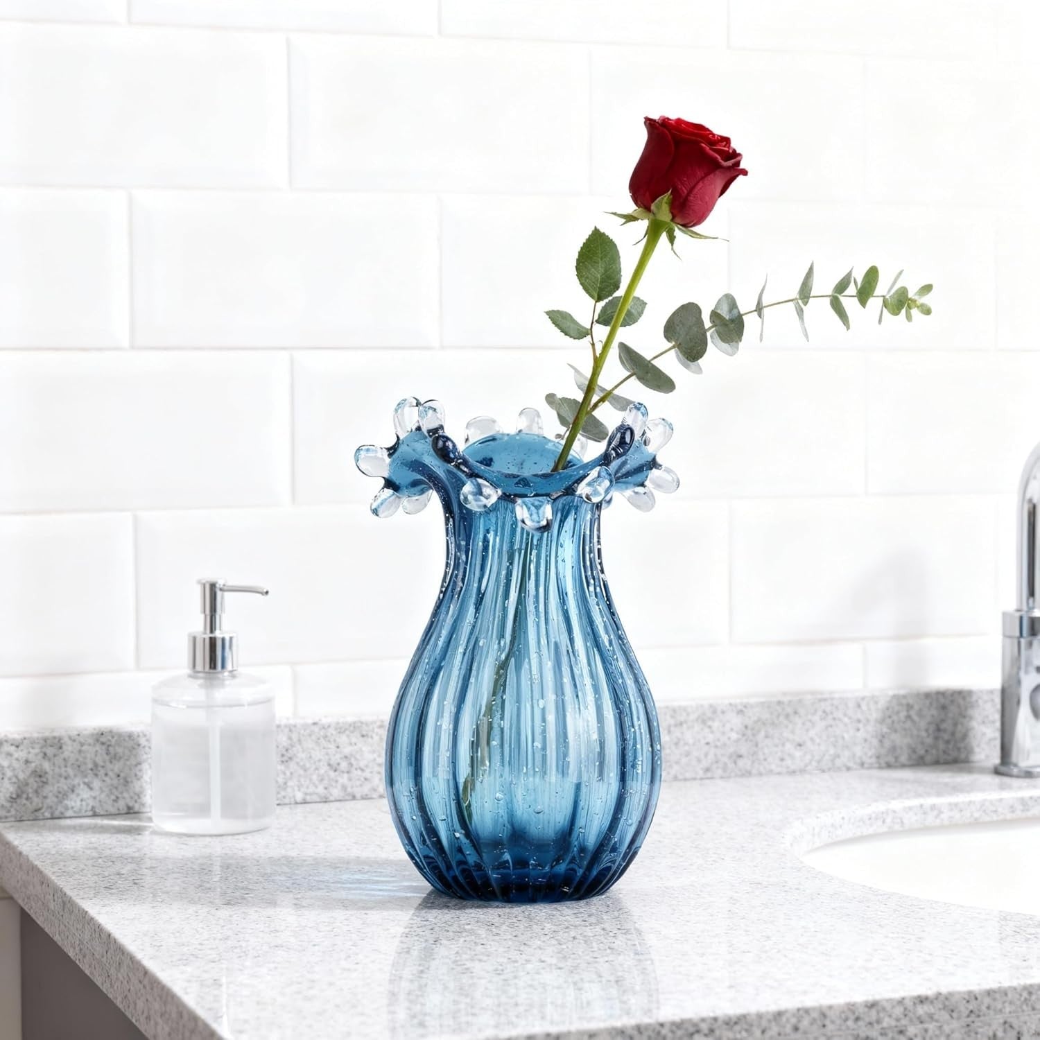 Blue Blown Glass Vase Modern Table Centerpiece Art Flower Display