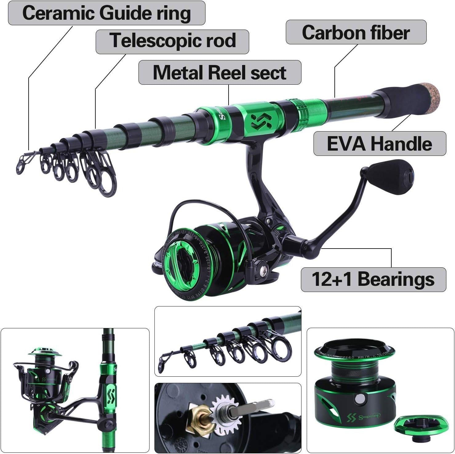 2.1m Telescopic Carbon Fiber Fishing Rod & 12+1BB Reel Full Kit