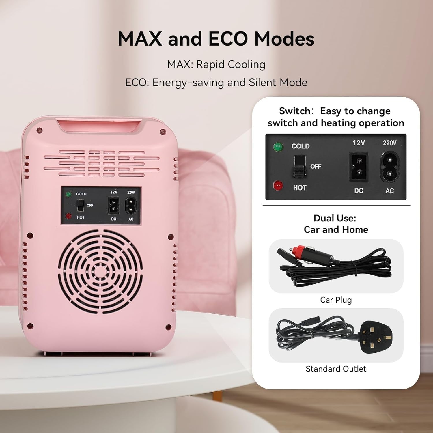 4L Mini Fridge Portable Cooler & Warmer LED Mirror AC/DC Pink
