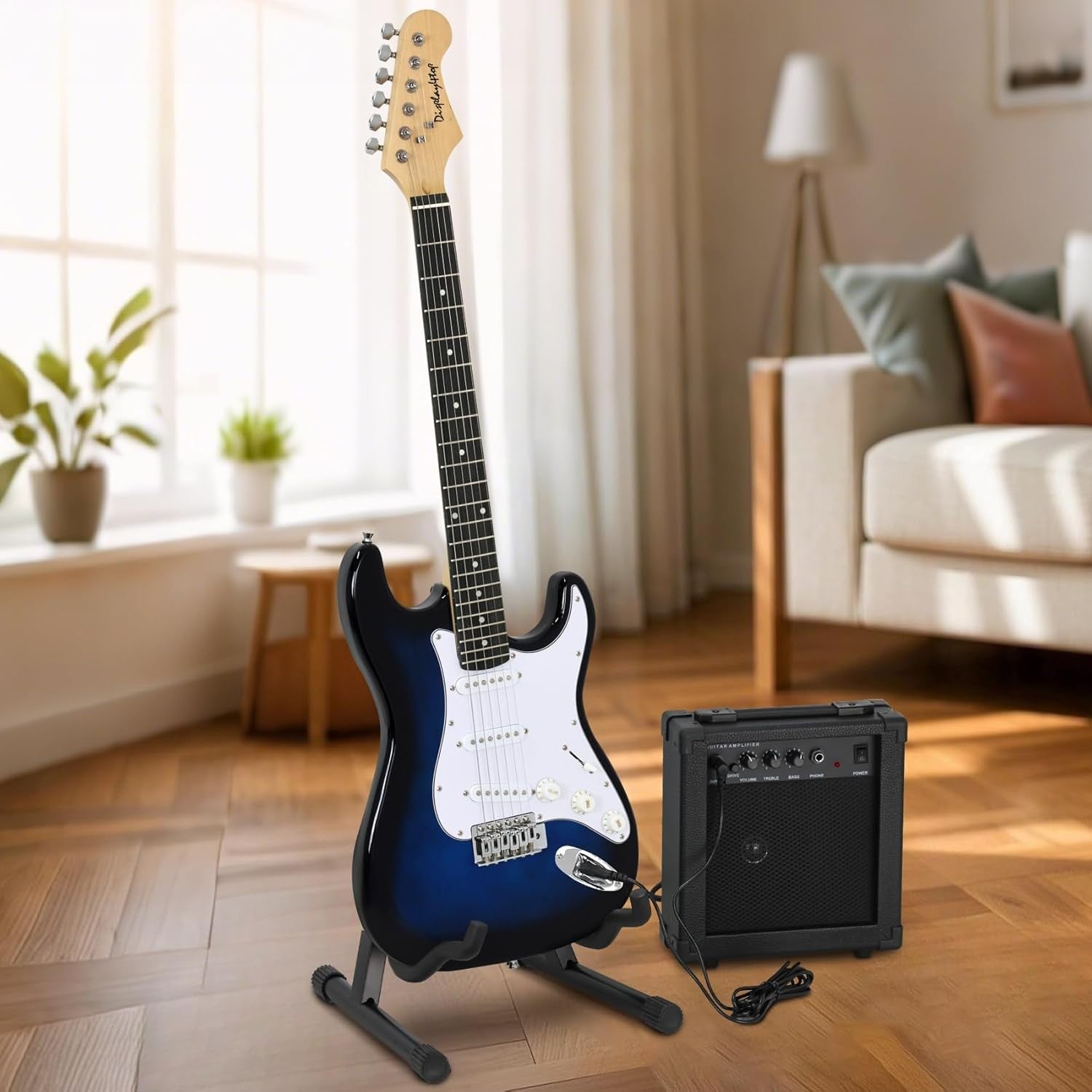 Full Size Electric Guitar Starter Kit with Amp Stand Blue White
