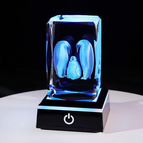 3D Crystal Penguin Family Figurine with LED Base • Glass Night Light Gift Decor