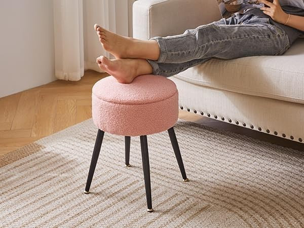 Pink Round Teddy Fur Vanity Stool with Storage – Soft Ottoman Seat