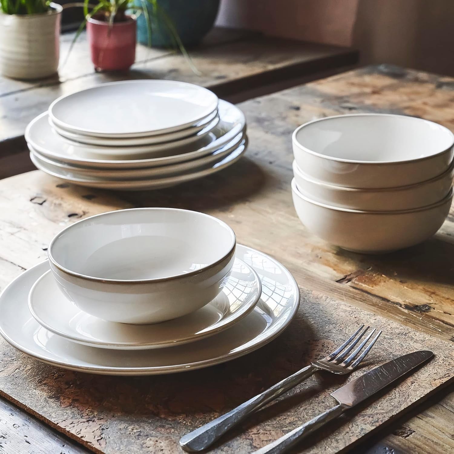 12pc White Stoneware Dinner Set Plates Bowls Microwave Dishwasher Safe