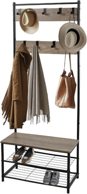 Light Brown Coat Rack with Shoe Storage | Industrial Hall Tree Stand
