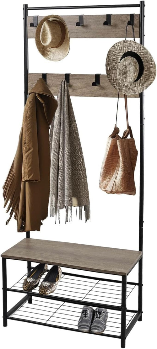 Light Brown Coat Rack with Shoe Storage | Industrial Hall Tree Stand