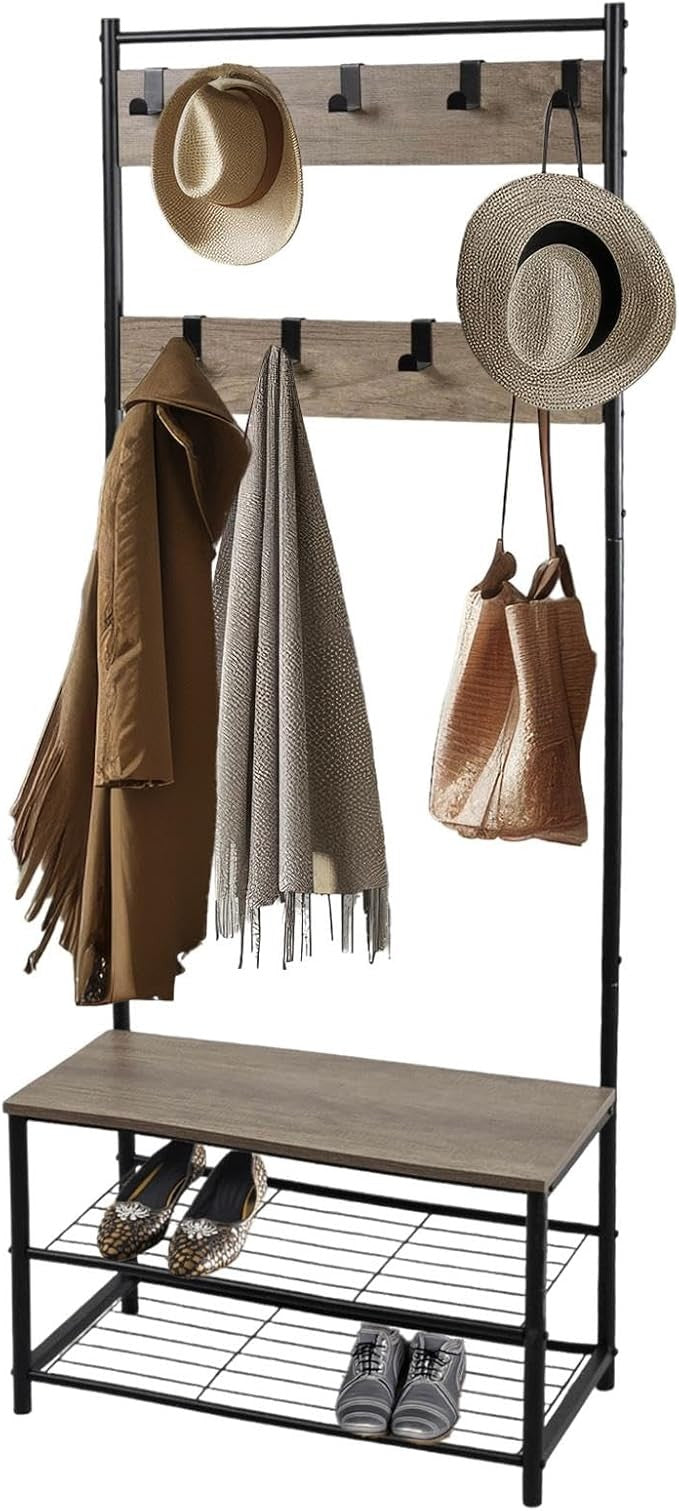 Light Brown Coat Rack with Shoe Storage | Industrial Hall Tree Stand
