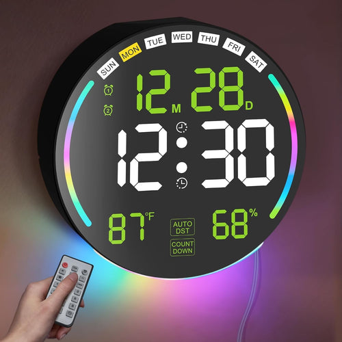 Green Large Digital Wall Clock LED Countdown Timer Remote Temp Humidity