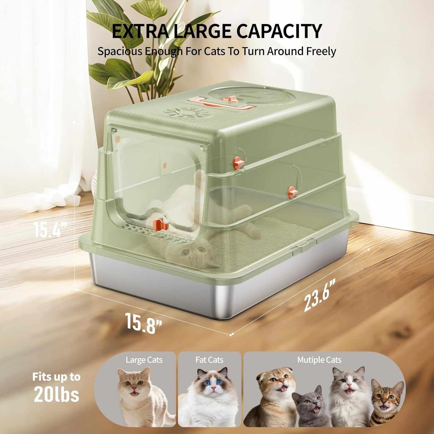 XL Stainless Steel Cat Litter Box Covered Leak Proof Odor Control Green