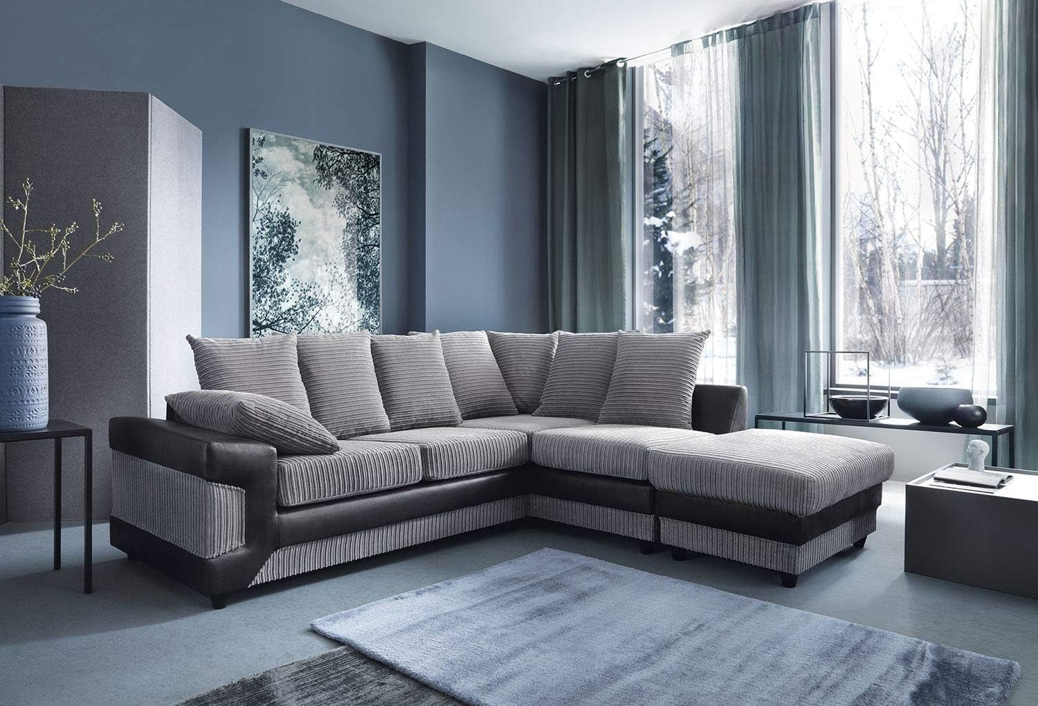 5 Seater Corner Sofa Black & Grey L Shape Couch Fabric Leather Modern
