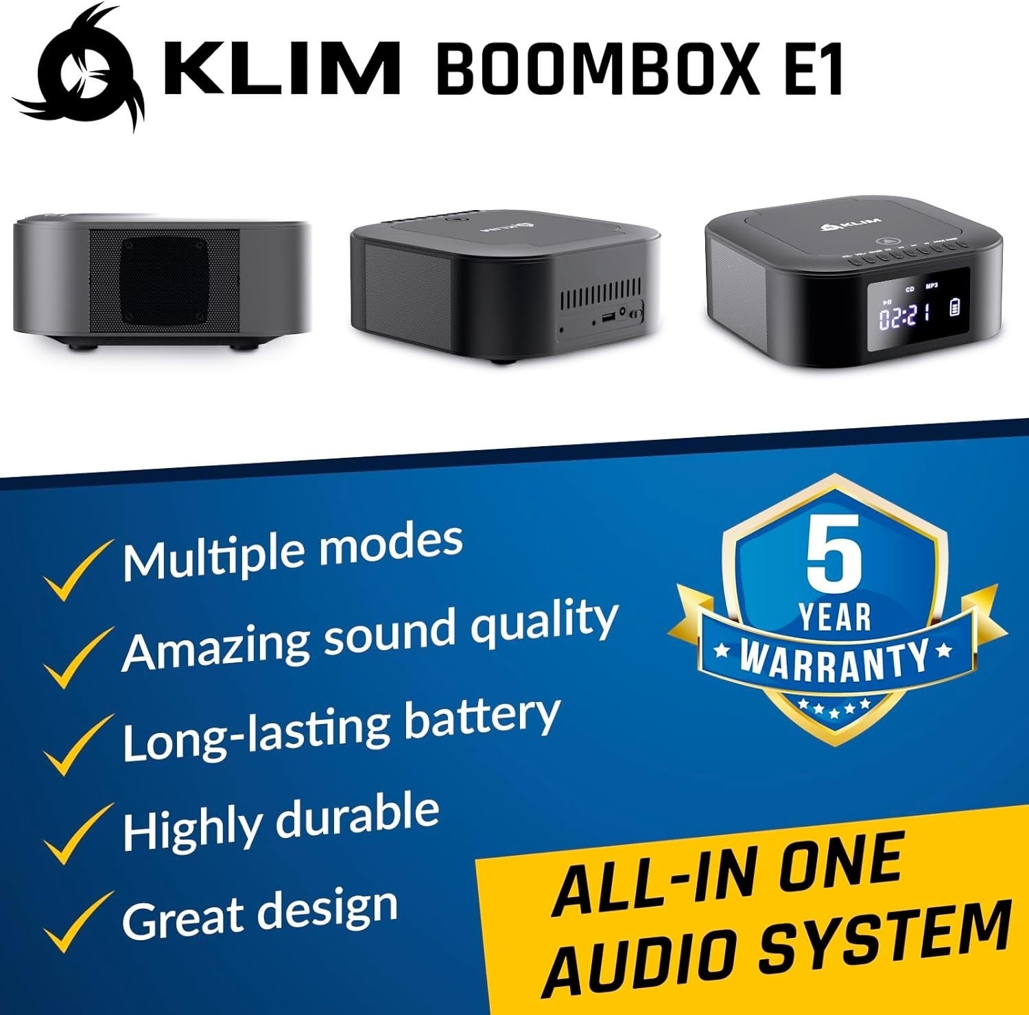 Portable CD Boombox Bluetooth Subwoofer FM Radio USB AUX Rechargeable