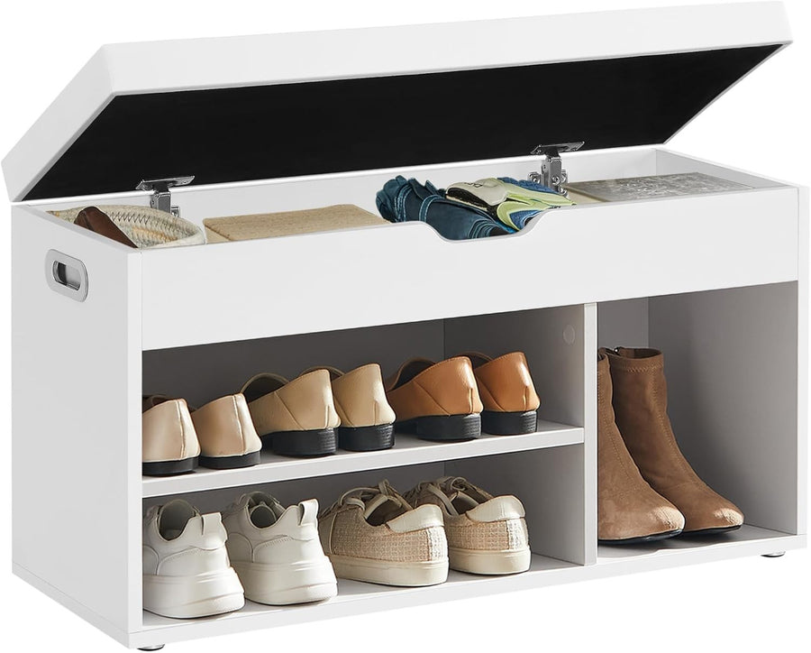 White Shoe Storage Bench with Cushion, 3 Compartments, Lift-Top Seat