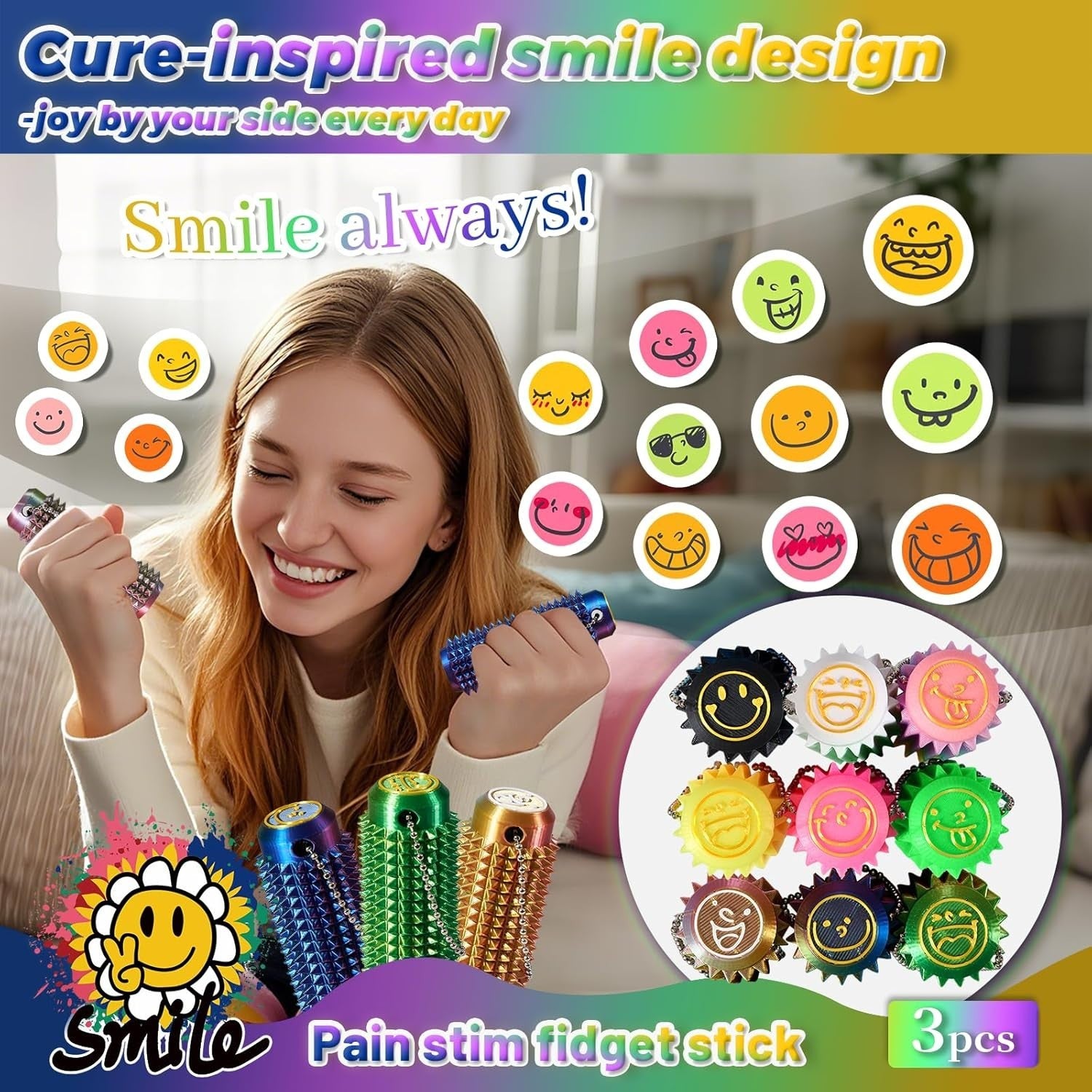 Pain Stim Spiky Fidget Keychain Anxiety Relief ADHD Autism Pocket Tool