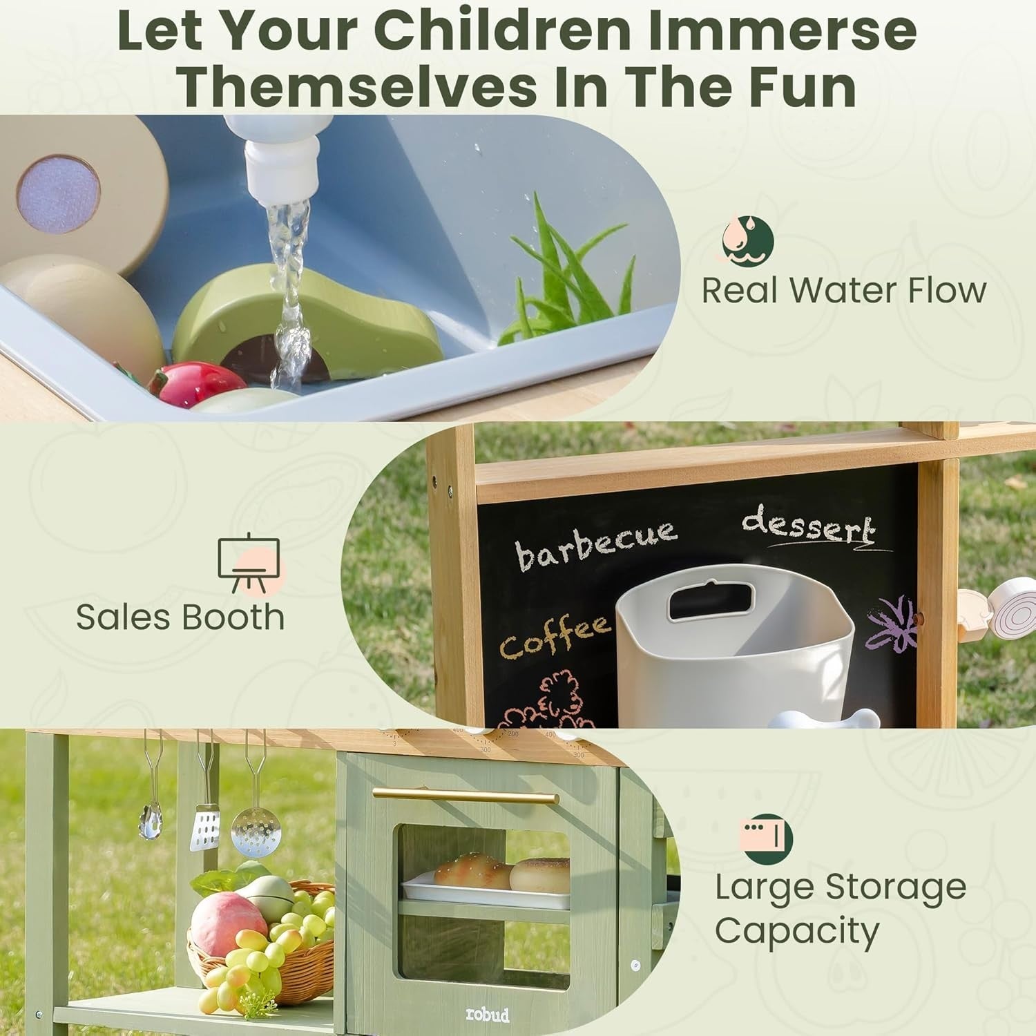 Wooden Mud Kitchen for Kids Outdoor Playset w/ Sink Blackboard
