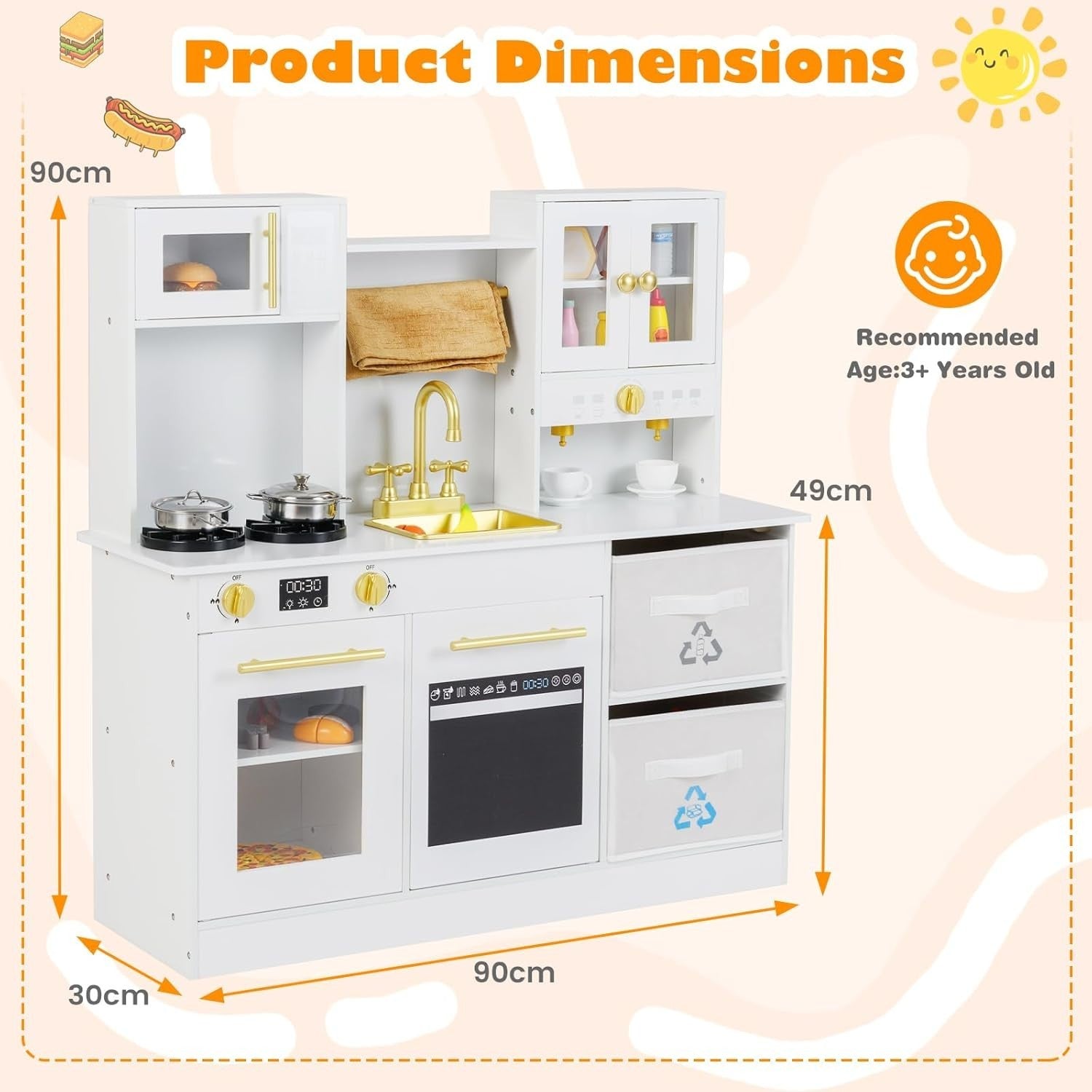 Large Wooden Kids Play Kitchen White w/ Lights Sounds Microwave