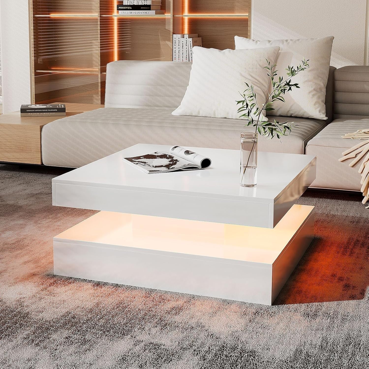 White LED Coffee Table with Storage, 2-Tier Square High Gloss 78x78cm
