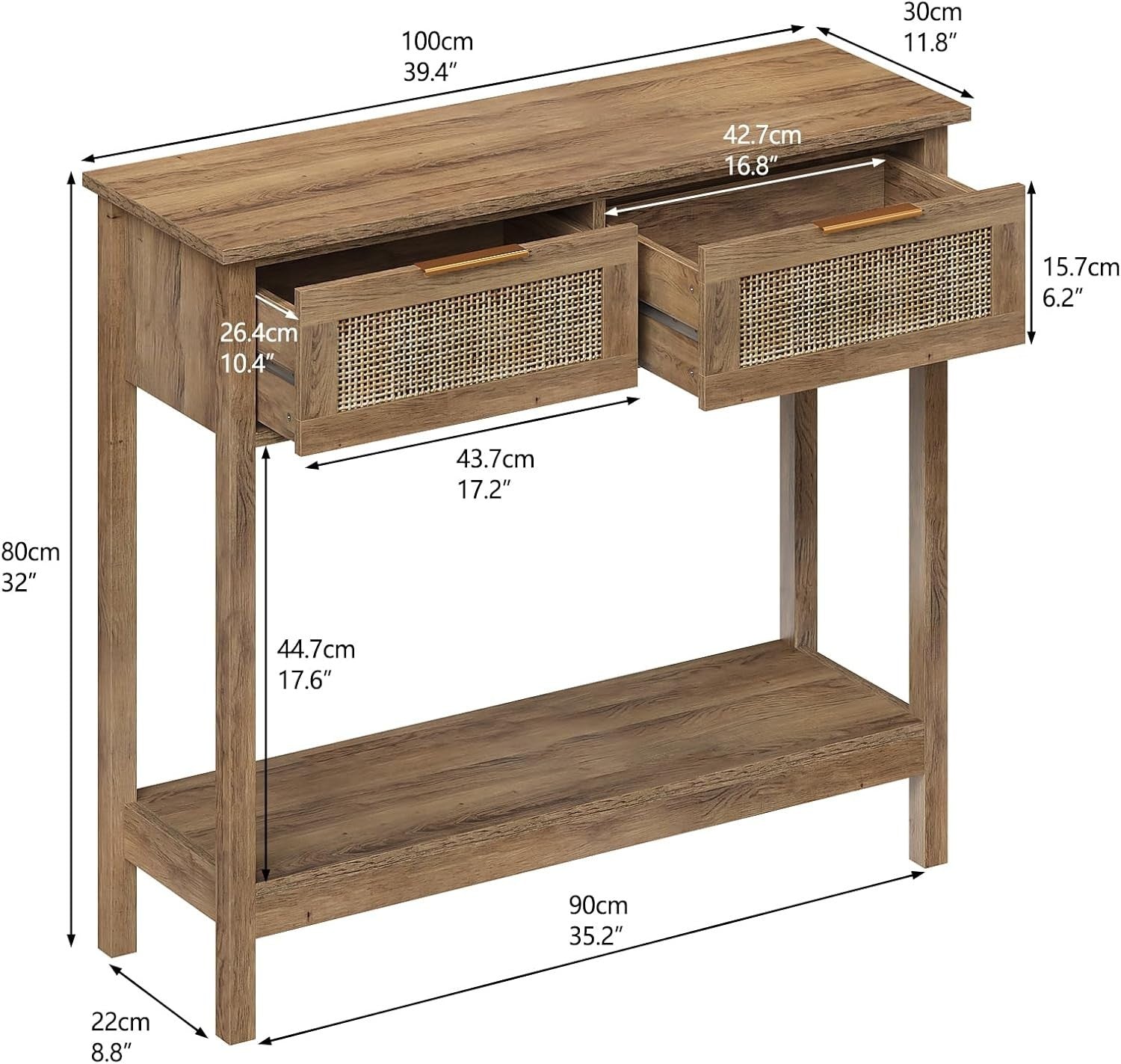 Rustic Boho Rattan Console Table with Drawers & Open Shelf, 29.5"x100"x81.5"