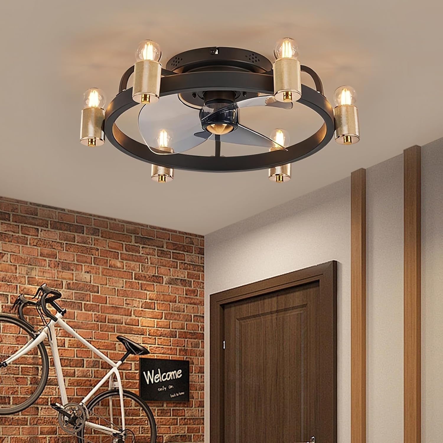 ZHXINASHU Retro Ceiling Fan with Light & Remote, 3-Blade, Black, E27