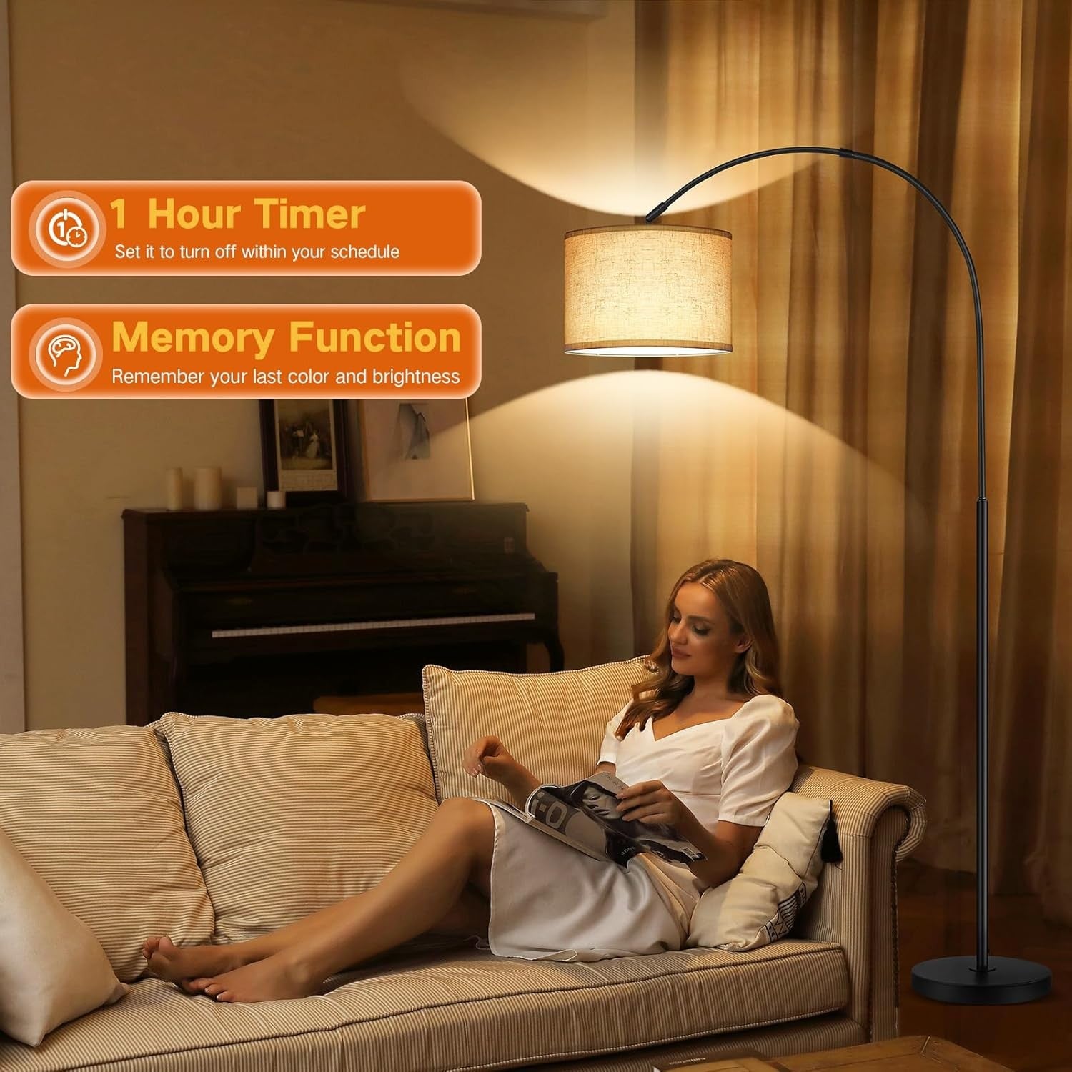 Arc Floor Lamp Dimmable Remote Control LED Standing Light Black 70in