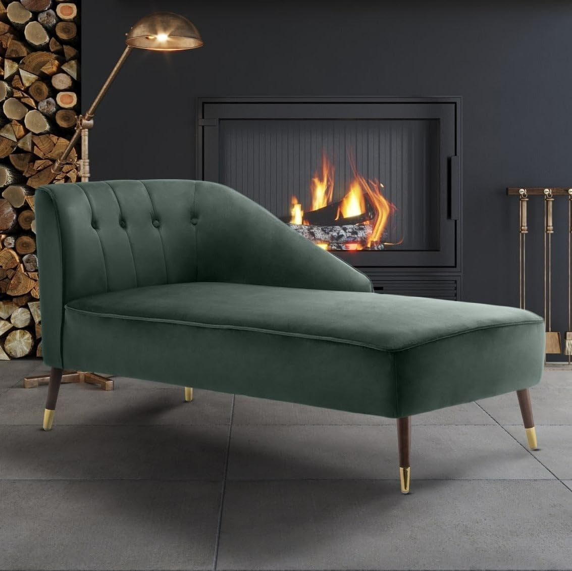 Modern Green Velvet Tufted Right Hand Chaise Lounge Chair Bedroom 160cm