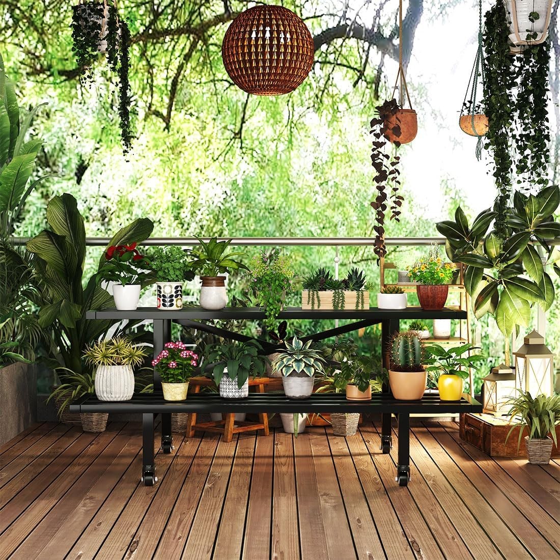 2 Tier Metal Plant Stand with Wheels | Indoor Outdoor Rolling Flower Shelf Rack