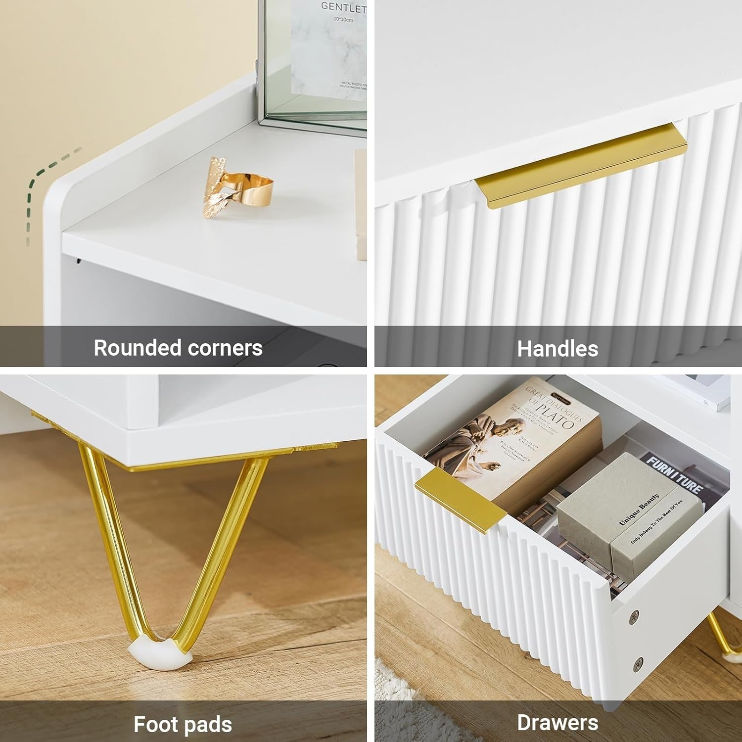 White Bedside Table with Drawer & Shelf – Modern Gold Leg Nightstand