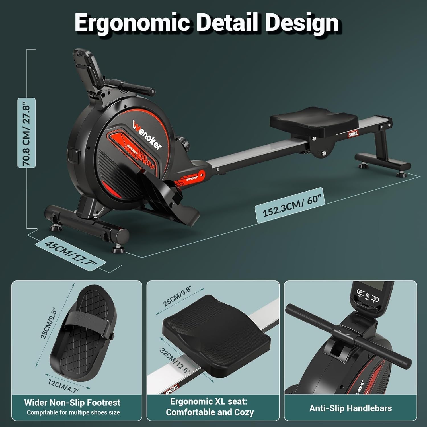Magnetic Rowing Machine 16-Level Quiet Foldable Rower 350lb Capacity App
